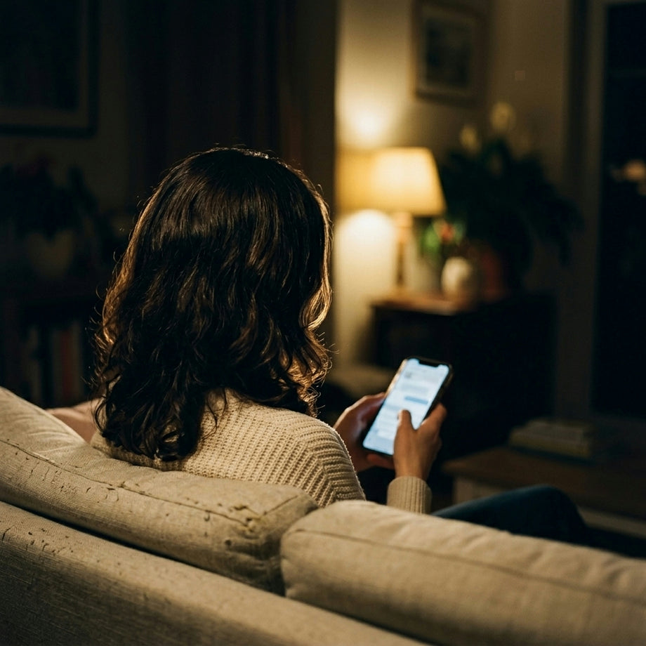 Phone glowing on a dark kitchen table late at night