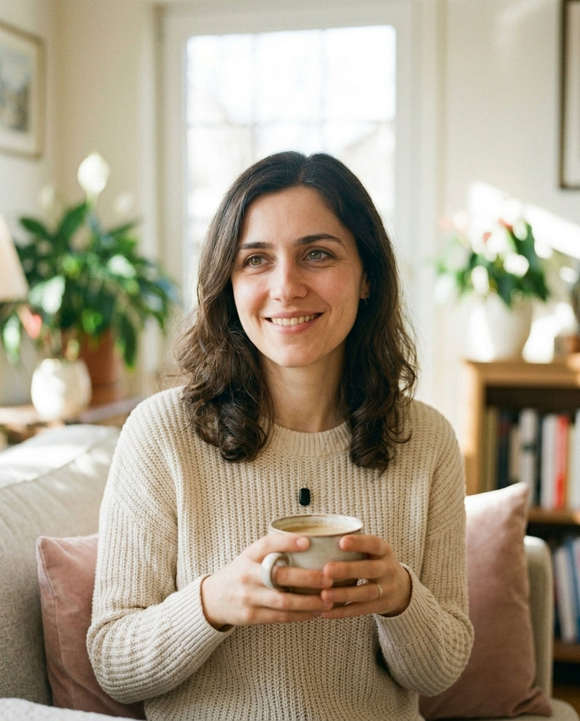Sarah at her kitchen table, coffee in hand
