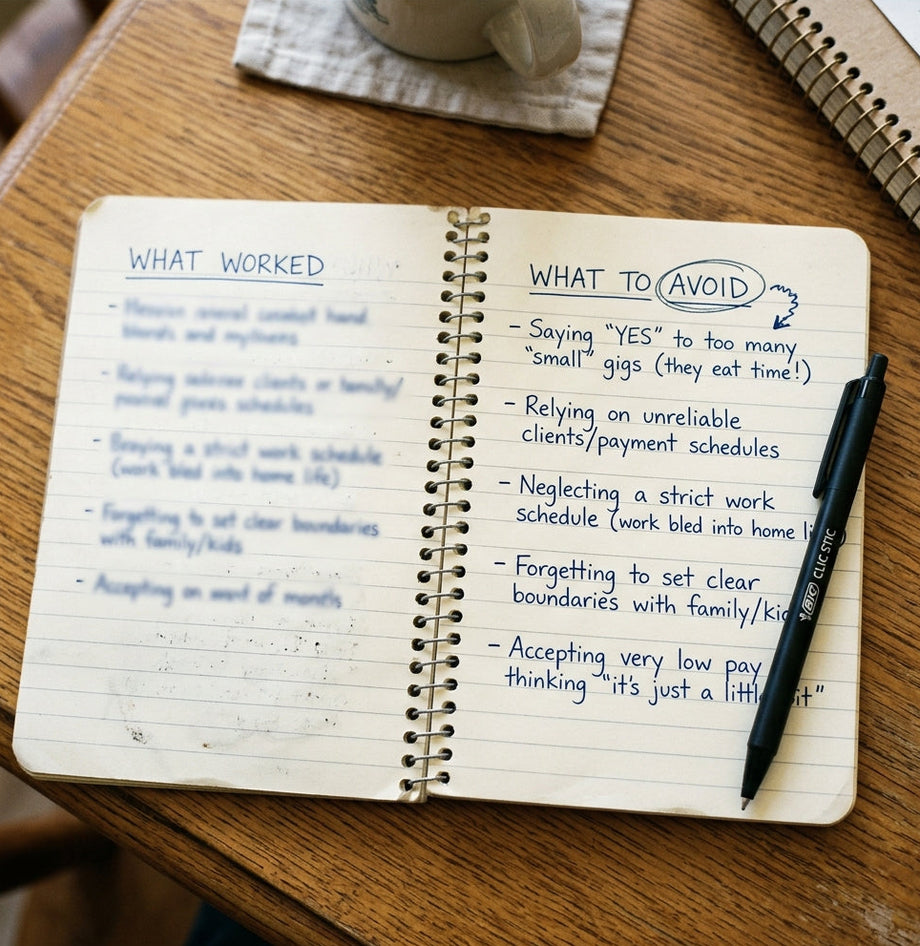 Sarah's handwritten notebook list with AVOID circled